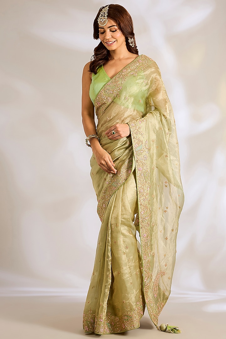 Sage Green Tissue Gota Patti Embroidered Reception Saree Set by Ritu Surana at Pernia's Pop Up Shop