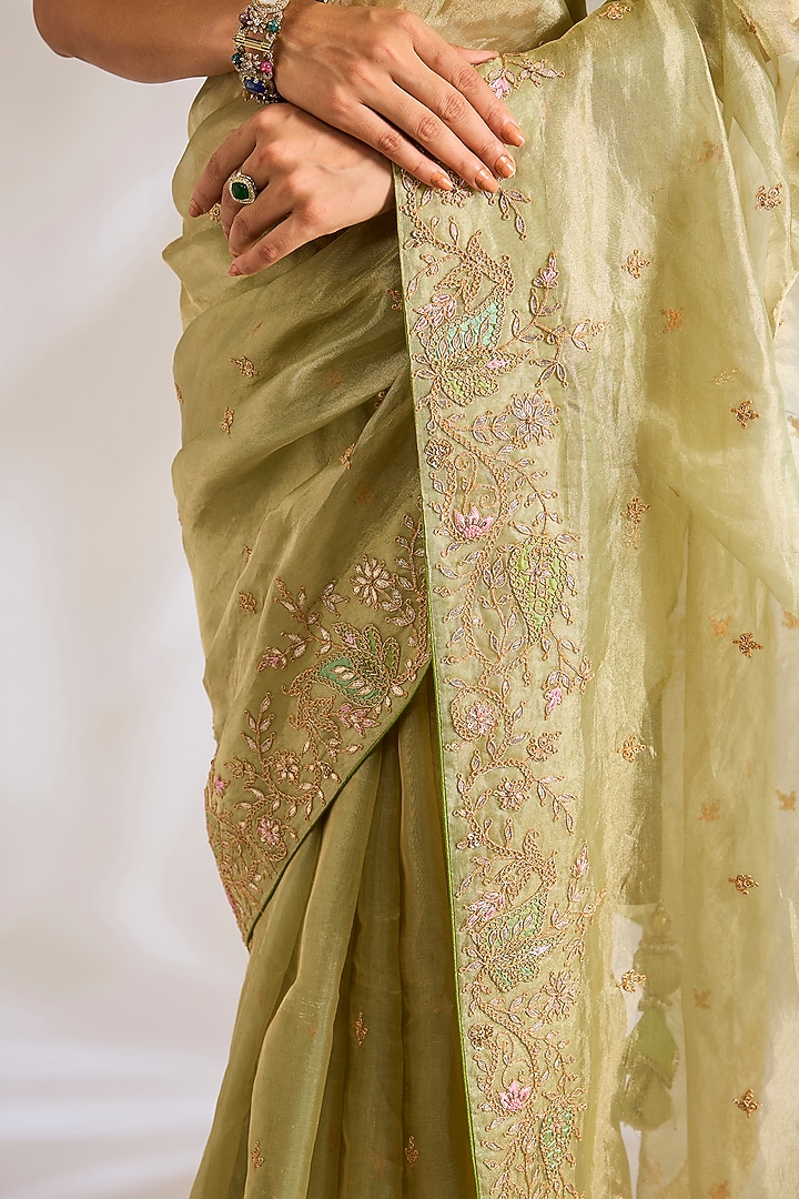 Sage Green Tissue Gota Patti Embroidered Reception Saree Set by Ritu Surana at Pernia's Pop Up Shop
