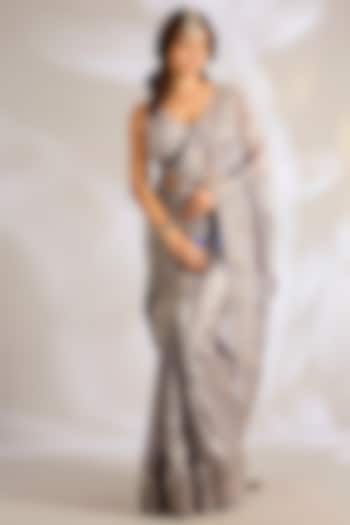 Grey Tissue Zardosi Embroidered Reception Saree Set by Ritu Surana at Pernia's Pop Up Shop
