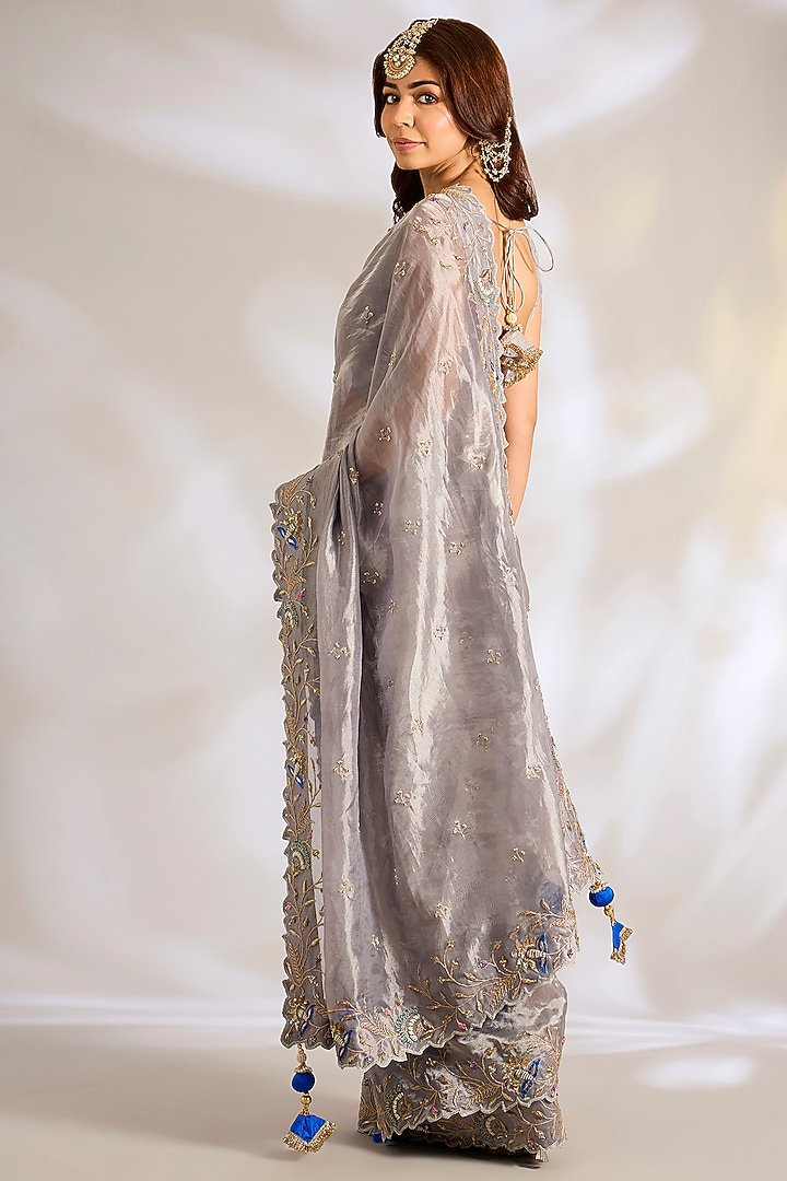 Grey Tissue Zardosi Embroidered Reception Saree Set by Ritu Surana at Pernia's Pop Up Shop