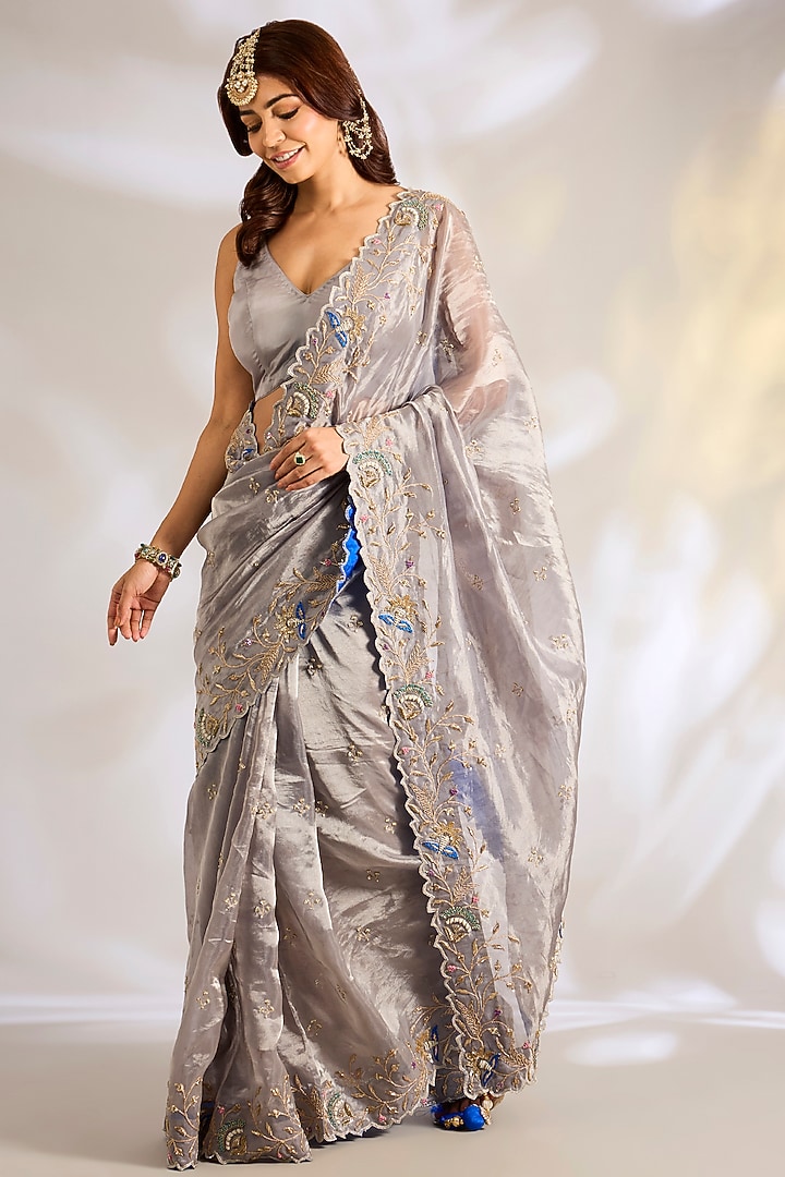 Grey Tissue Zardosi Embroidered Reception Saree Set by Ritu Surana at Pernia's Pop Up Shop