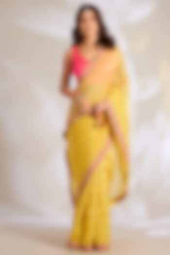 Mango Yellow Organza Dori Embroidered Reception Saree Set by Ritu Surana at Pernia's Pop Up Shop