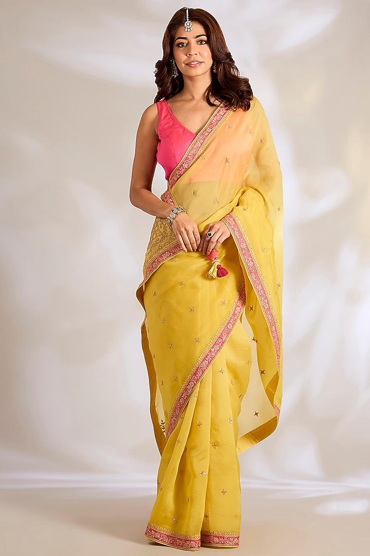 Mango Yellow Organza Dori Embroidered Reception Saree Set by Ritu Surana at Pernia's Pop Up Shop