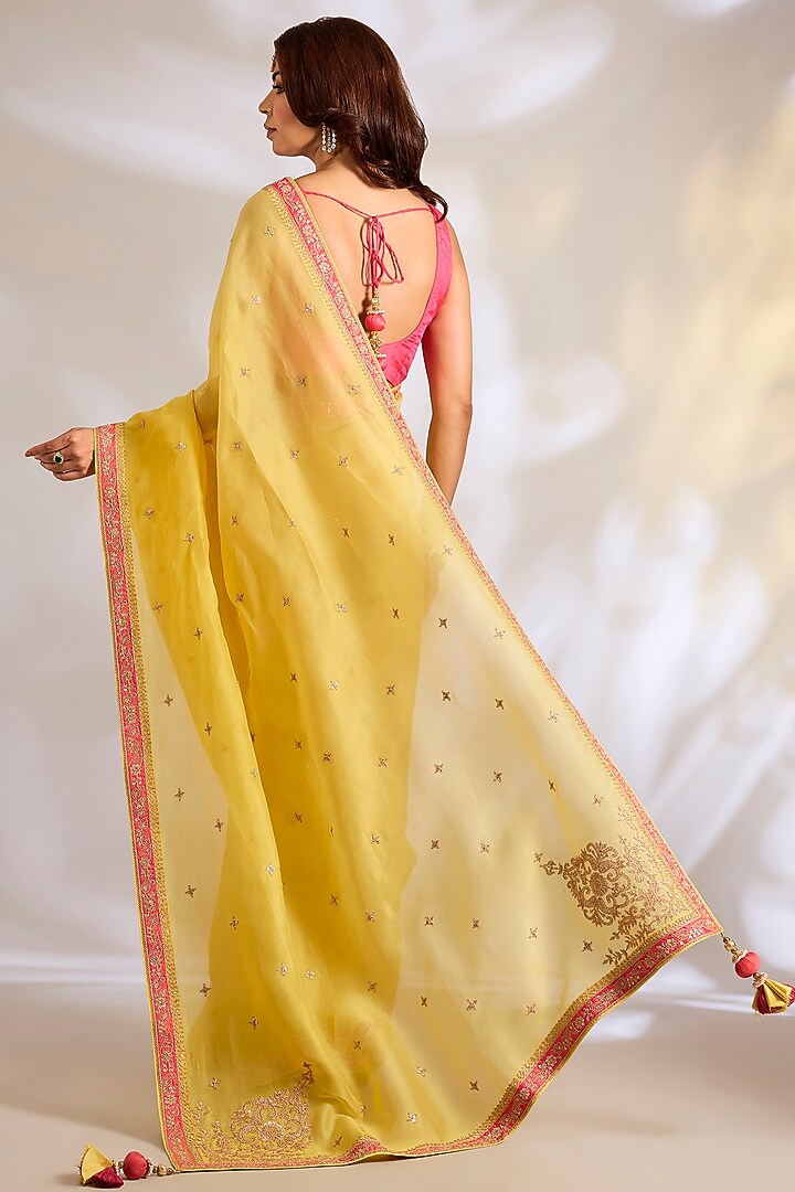 Mango Yellow Organza Dori Embroidered Reception Saree Set by Ritu Surana at Pernia's Pop Up Shop