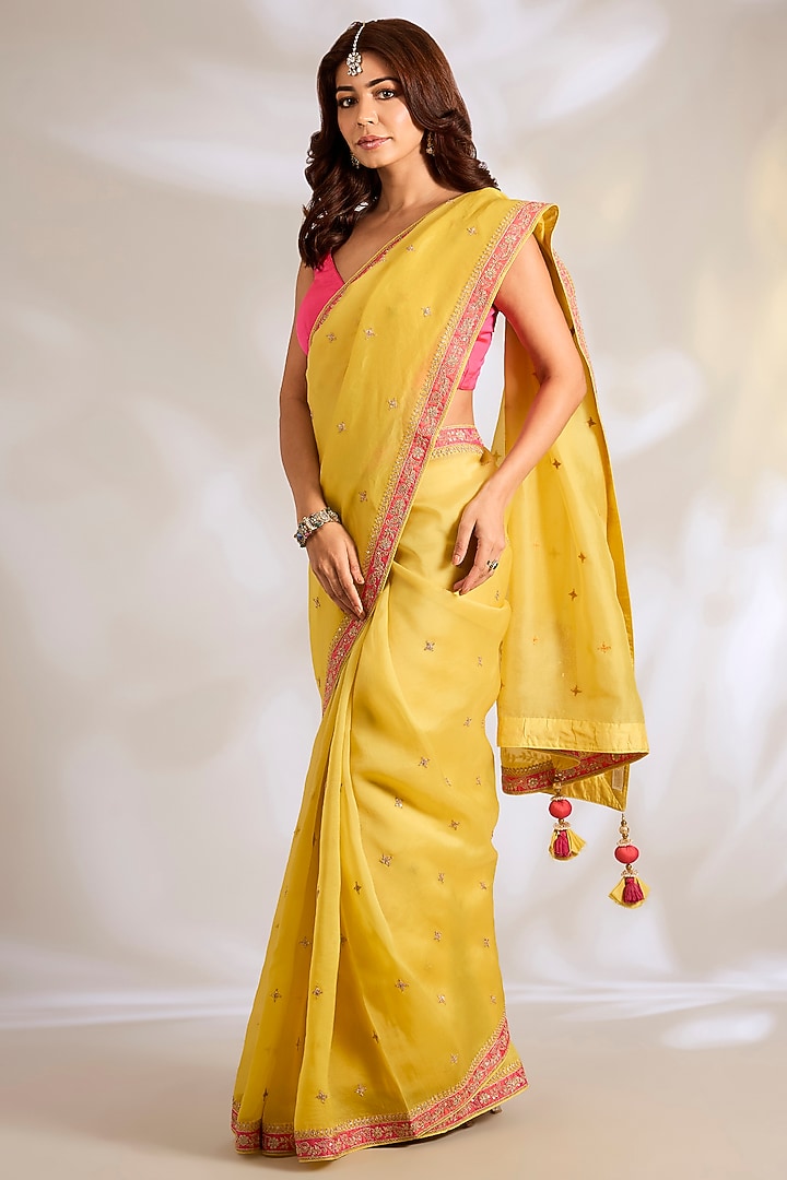 Mango Yellow Organza Dori Embroidered Reception Saree Set by Ritu Surana at Pernia's Pop Up Shop