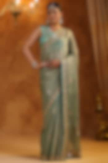 Aqua Blue Katan Silk Tissue Gota Patti Embroidered Saree Set by Ritu Surana at Pernia's Pop Up Shop