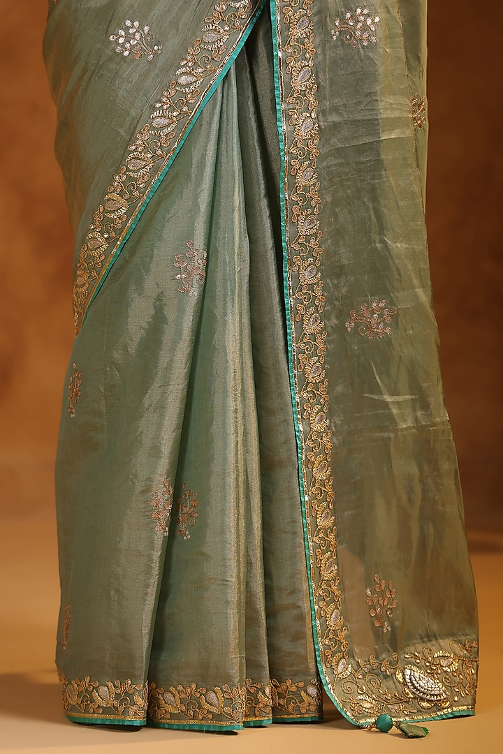 Aqua Blue Katan Silk Tissue Gota Patti Embroidered Reception Saree Set by Ritu Surana at Pernia's Pop Up Shop