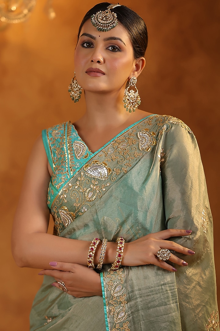 Aqua Blue Katan Silk Tissue Gota Patti Embroidered Reception Saree Set by Ritu Surana at Pernia's Pop Up Shop