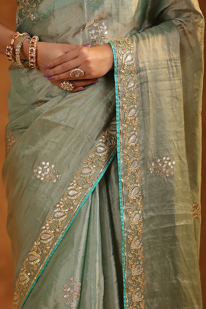 Aqua Blue Katan Silk Tissue Gota Patti Embroidered Reception Saree Set by Ritu Surana at Pernia's Pop Up Shop
