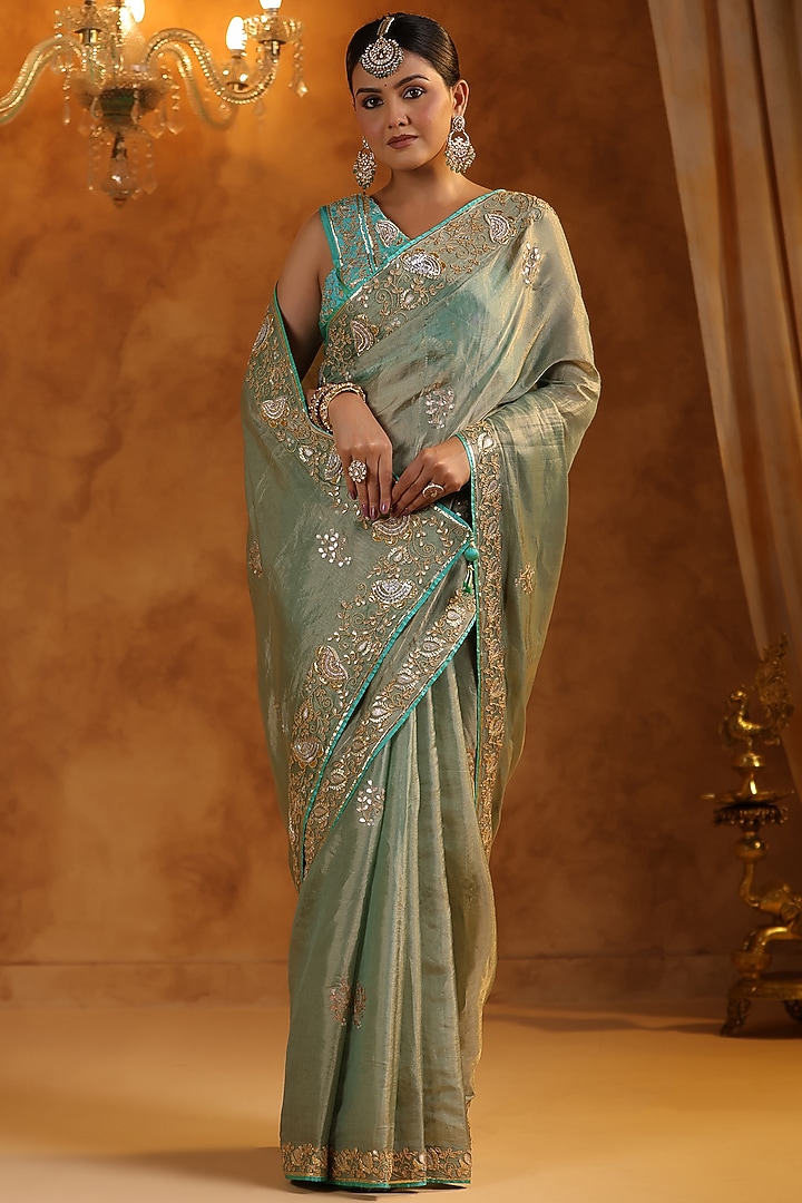 Aqua Blue Katan Silk Tissue Gota Patti Embroidered Reception Saree Set by Ritu Surana at Pernia's Pop Up Shop