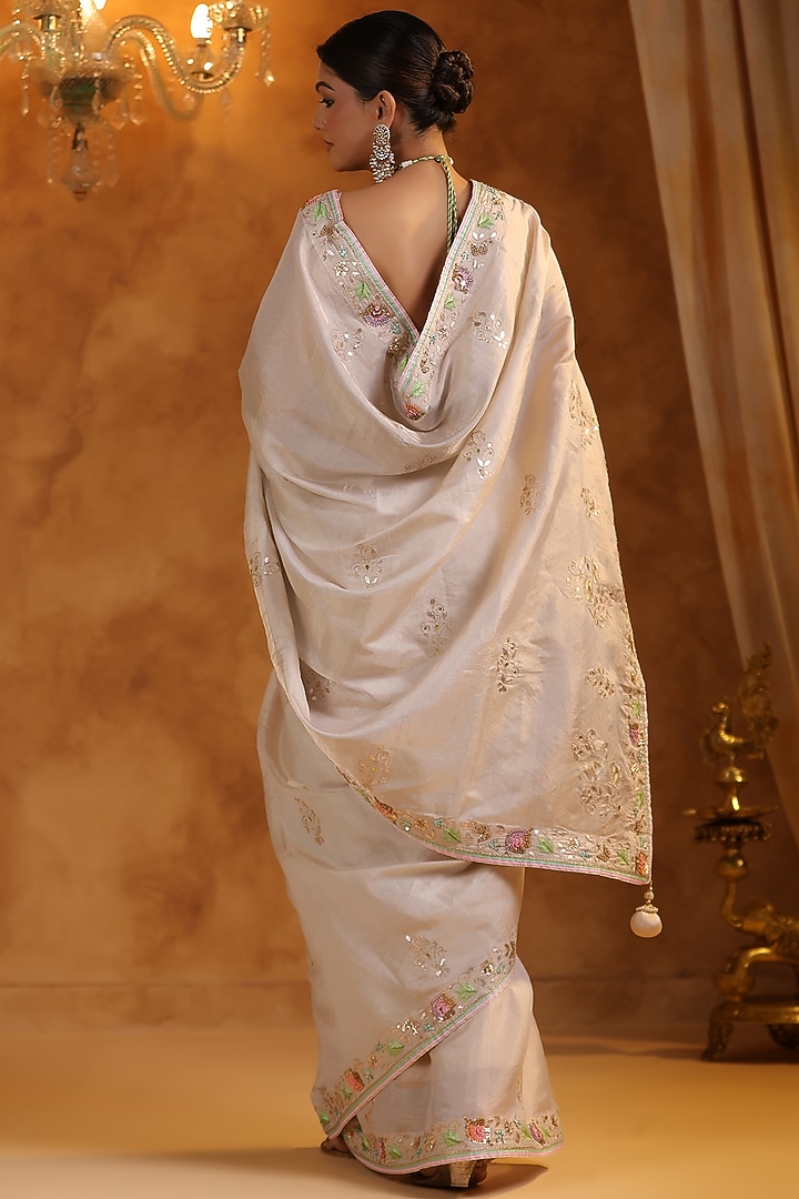 Champagne Katan Silk Tissue Resham Embroidered Reception Saree Set by Ritu Surana at Pernia's Pop Up Shop