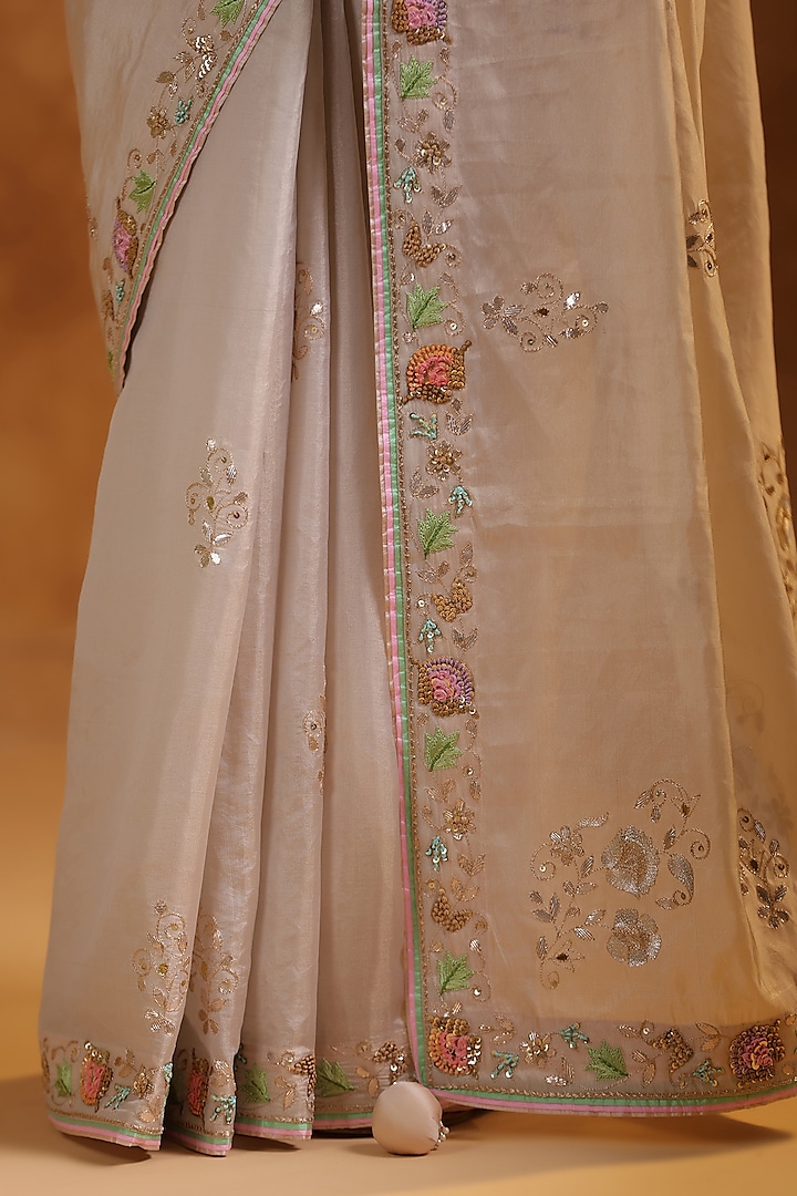 Champagne Katan Silk Tissue Resham Embroidered Reception Saree Set by Ritu Surana at Pernia's Pop Up Shop