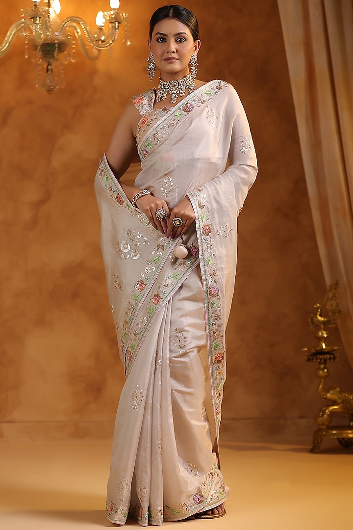 Champagne Katan Silk Tissue Resham Embroidered Reception Saree Set by Ritu Surana at Pernia's Pop Up Shop