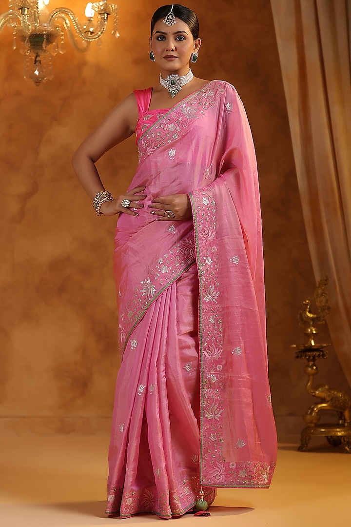 Flamingo Pink Katan Silk Tissue Resham Embroidered Saree Set by Ritu Surana at Pernia's Pop Up Shop