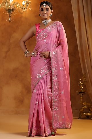 Flamingo Pink Katan Silk Tissue Resham Embroidered Saree Set by Ritu Surana