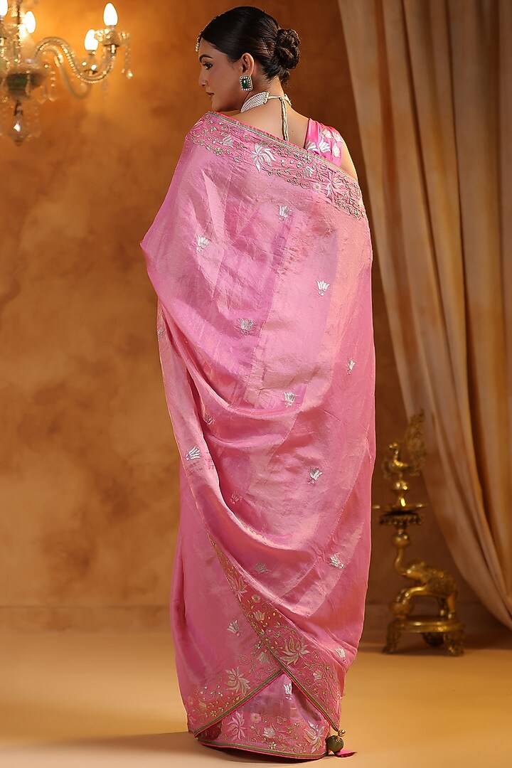 Flamingo Pink Katan Silk Tissue Resham Embroidered Reception Saree Set by Ritu Surana at Pernia's Pop Up Shop