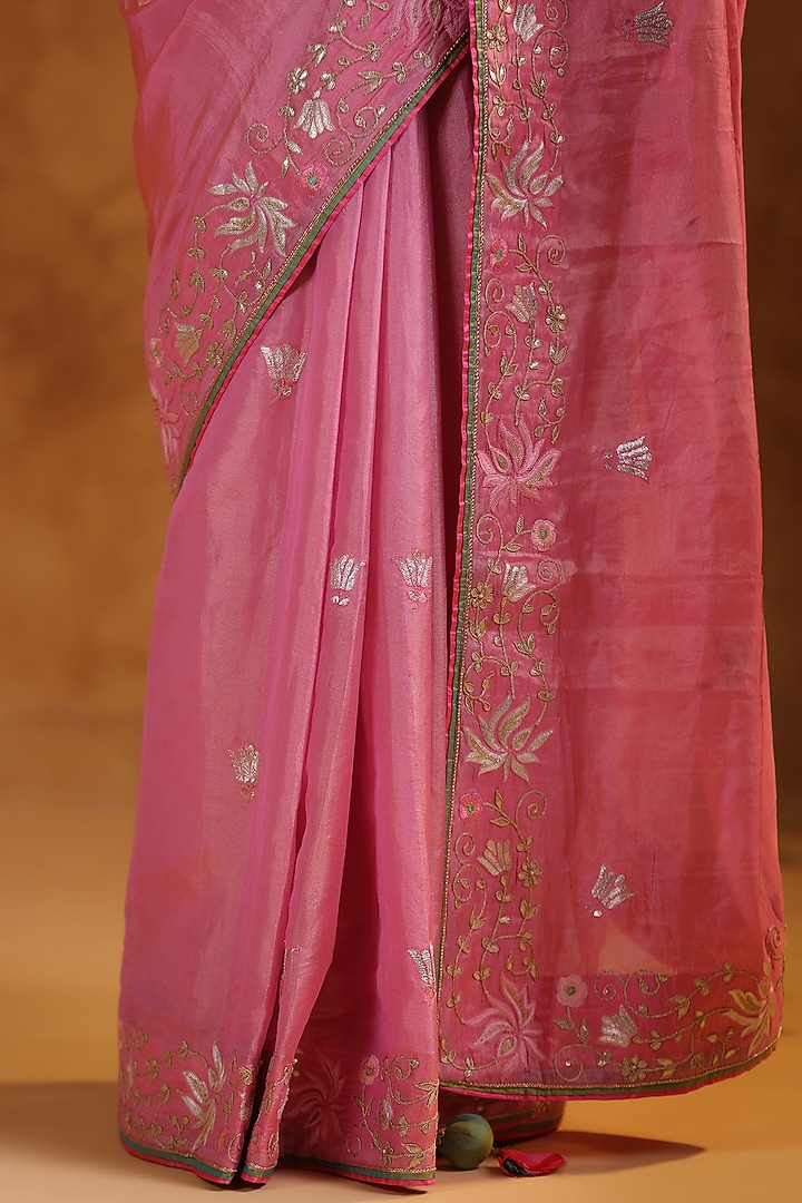 Flamingo Pink Katan Silk Tissue Resham Embroidered Reception Saree Set by Ritu Surana at Pernia's Pop Up Shop