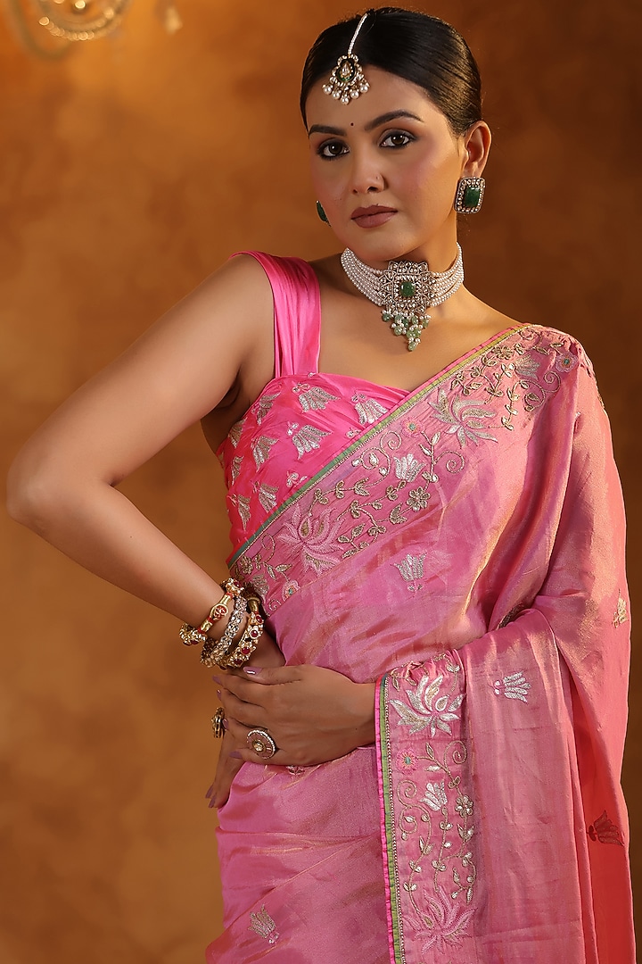 Flamingo Pink Katan Silk Tissue Resham Embroidered Reception Saree Set by Ritu Surana at Pernia's Pop Up Shop