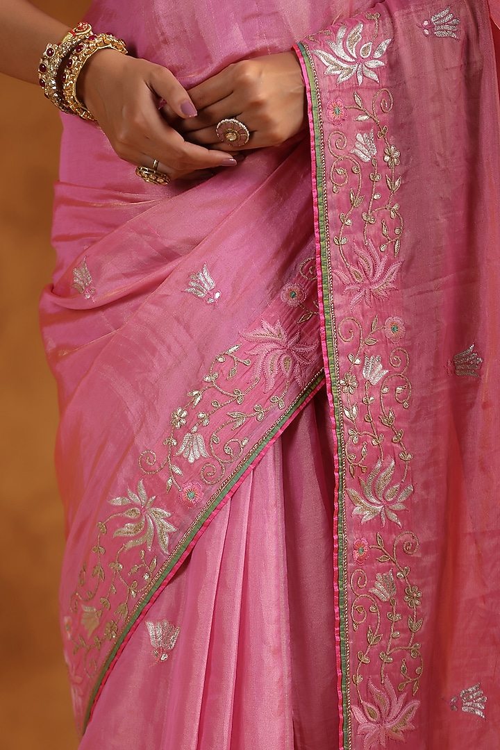 Flamingo Pink Katan Silk Tissue Resham Embroidered Reception Saree Set by Ritu Surana at Pernia's Pop Up Shop