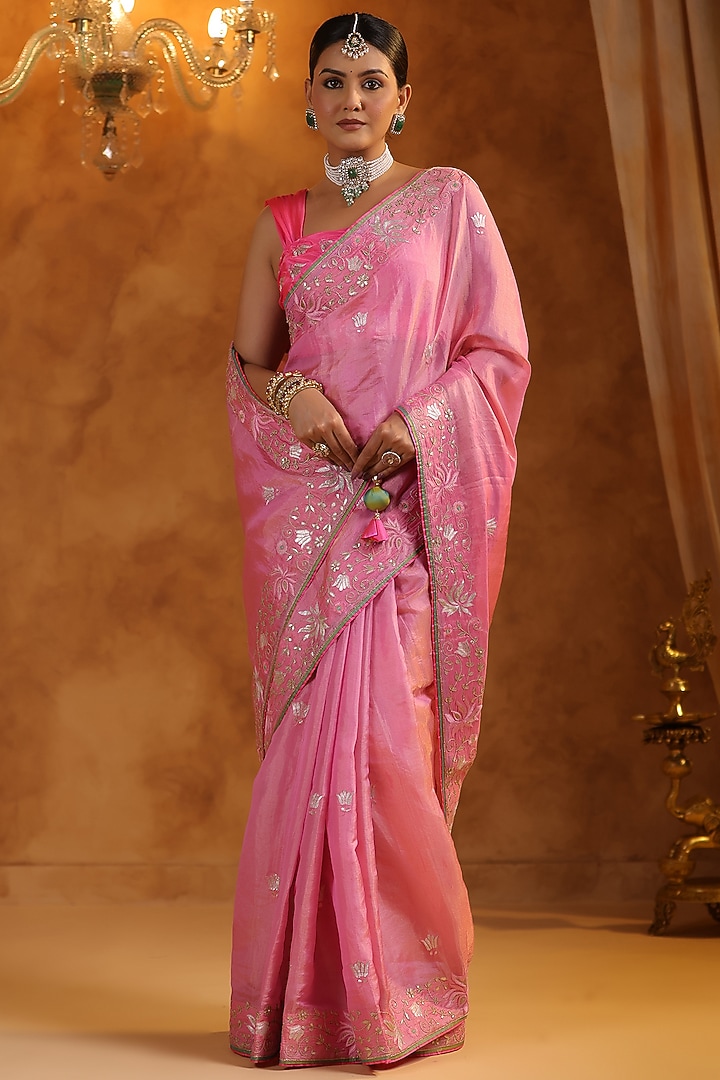 Flamingo Pink Katan Silk Tissue Resham Embroidered Reception Saree Set by Ritu Surana at Pernia's Pop Up Shop