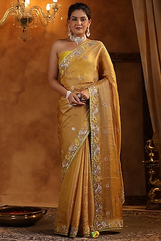 Golden Katan Silk Tissue Resham Embroidered Saree Set by Ritu Surana