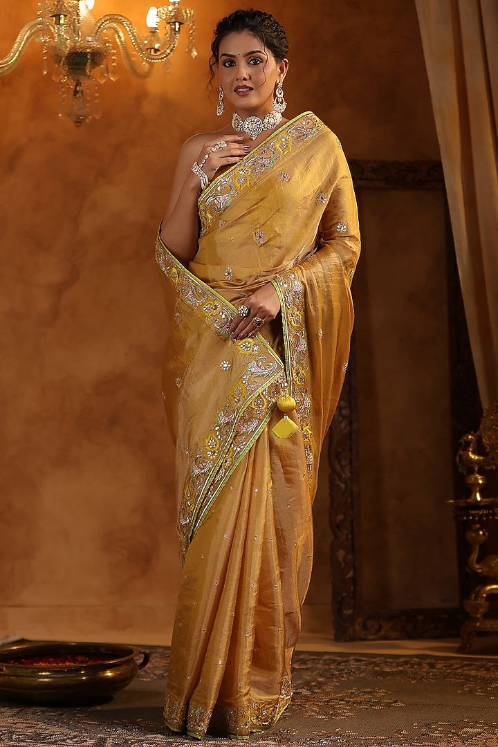 Golden Katan Silk Tissue Resham Embroidered Reception Saree Set by Ritu Surana at Pernia's Pop Up Shop