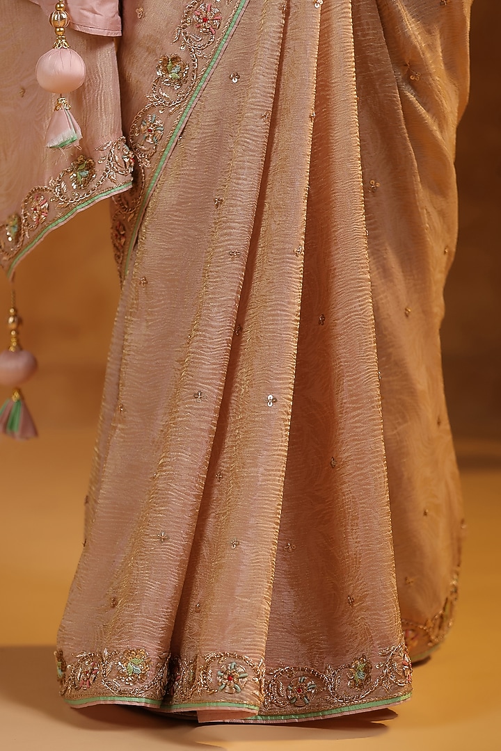 Blush Pink Katan Silk Tissue Zardosi Embellished Jacquard Crush Reception Saree Set by Ritu Surana at Pernia's Pop Up Shop