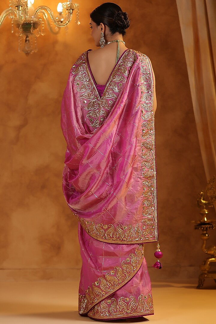 Pink Katan Silk Tissue Gota Embroidered Reception Saree Set by Ritu Surana at Pernia's Pop Up Shop