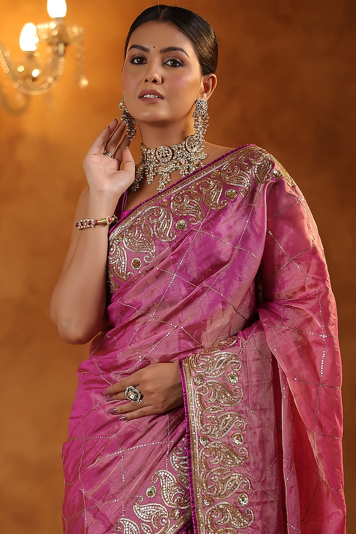 Pink Katan Silk Tissue Gota Embroidered Reception Saree Set by Ritu Surana at Pernia's Pop Up Shop