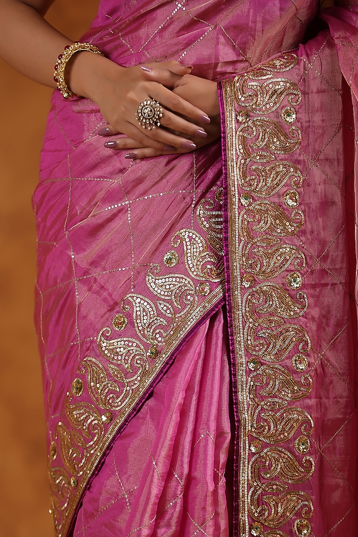 Pink Katan Silk Tissue Gota Embroidered Reception Saree Set by Ritu Surana at Pernia's Pop Up Shop
