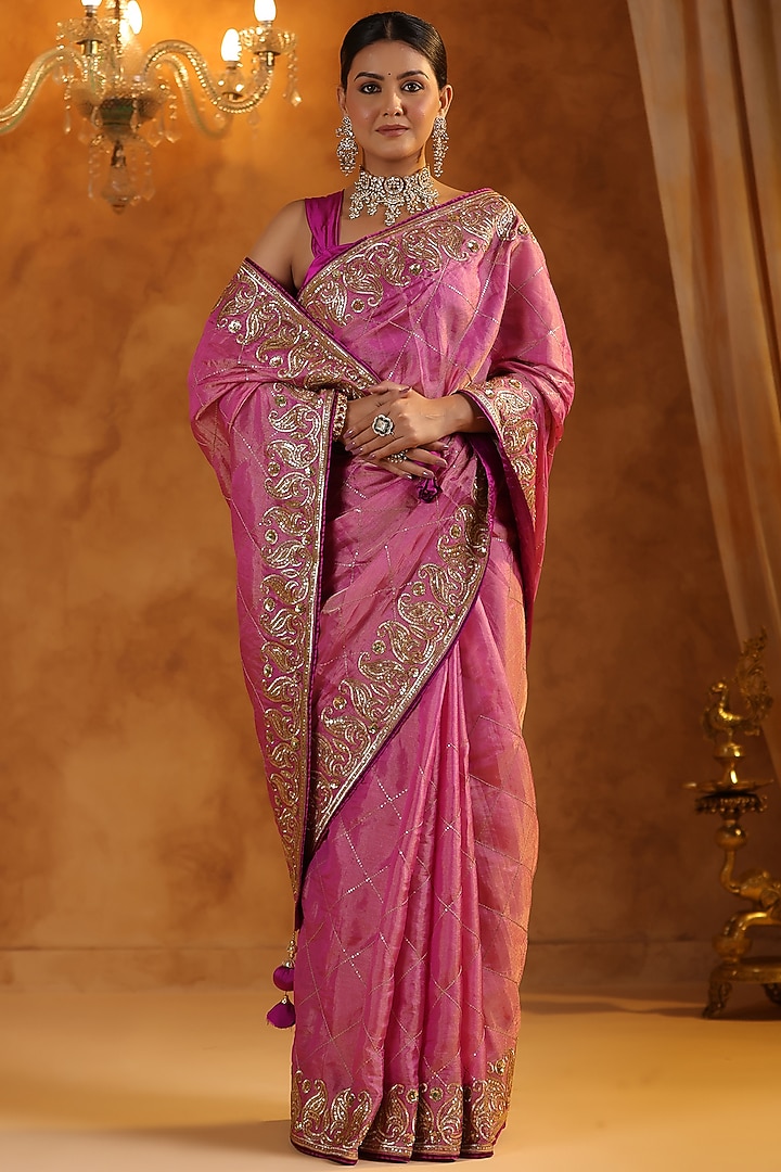 Pink Katan Silk Tissue Gota Embroidered Reception Saree Set by Ritu Surana at Pernia's Pop Up Shop