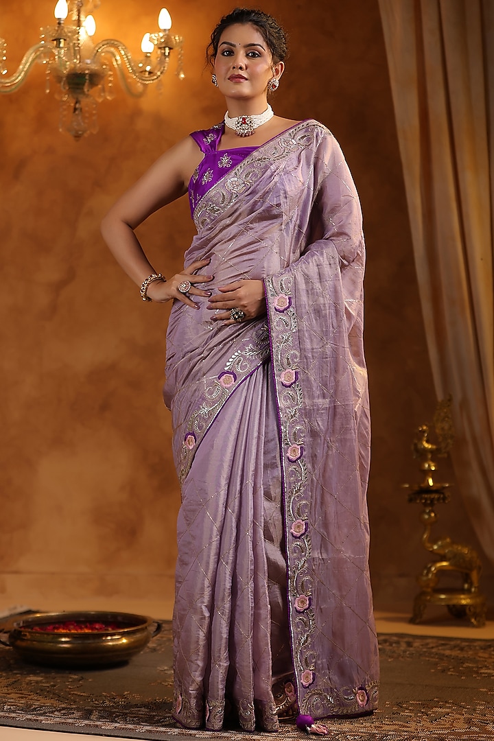 Lavender Katan Silk Tissue Gota Work Saree Set by Ritu Surana at Pernia's Pop Up Shop