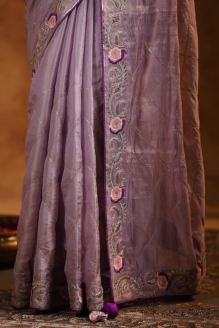 Lavender Katan Silk Tissue Gota Work Reception Saree Set by Ritu Surana at Pernia's Pop Up Shop
