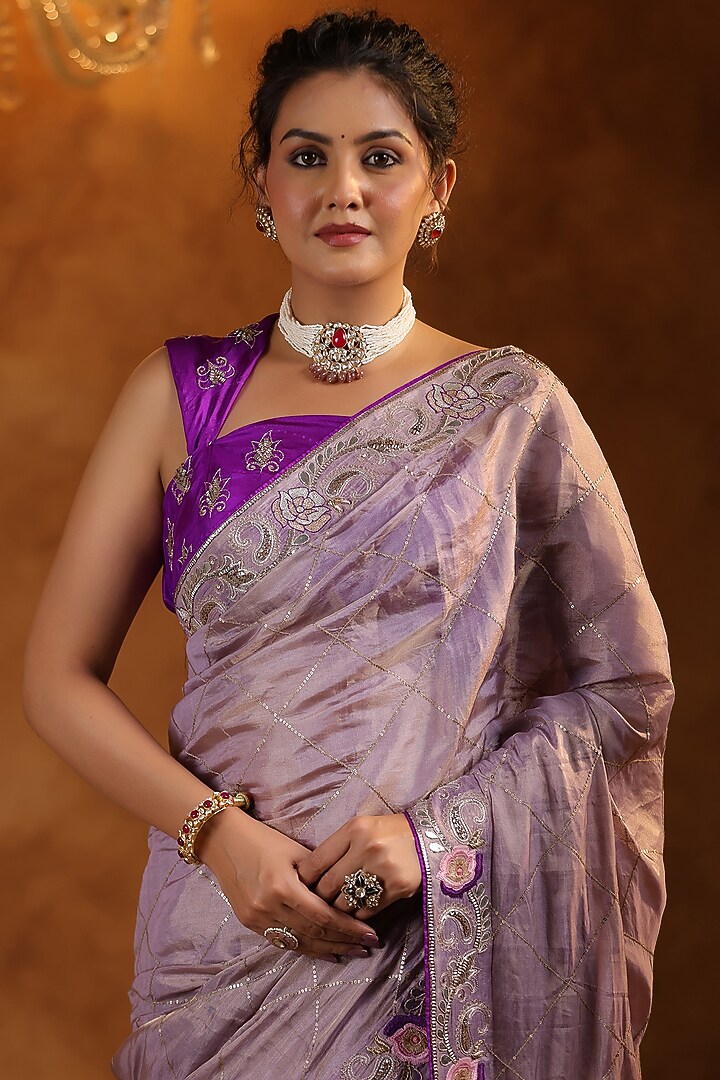 Lavender Katan Silk Tissue Gota Work Reception Saree Set by Ritu Surana at Pernia's Pop Up Shop