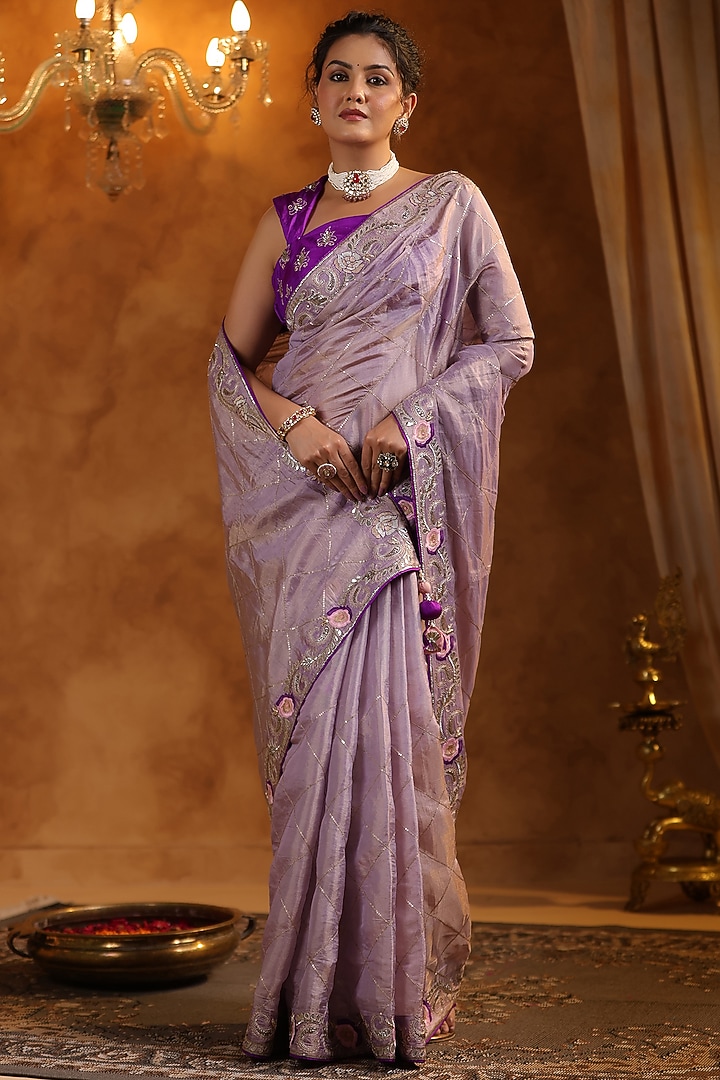 Lavender Katan Silk Tissue Gota Work Reception Saree Set by Ritu Surana at Pernia's Pop Up Shop