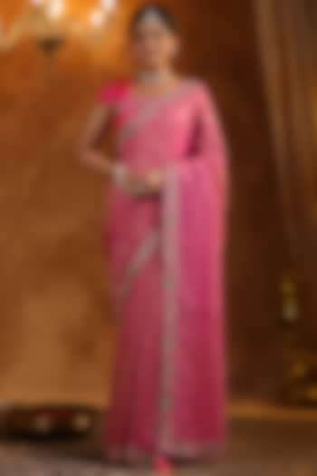 Petal Pink Jacquard Crush Tissue Silk Zardosi Work Saree Set by Ritu Surana at Pernia's Pop Up Shop