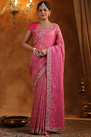 Petal Pink Jacquard Crush Tissue Silk Zardosi Work Saree Set by Ritu Surana
