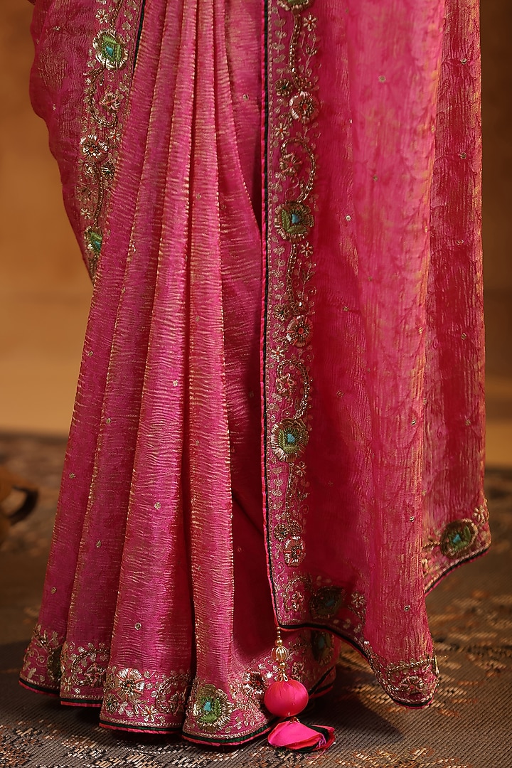 Petal Pink Jacquard Crush Tissue Silk Zardosi Work Reception Saree Set by Ritu Surana at Pernia's Pop Up Shop