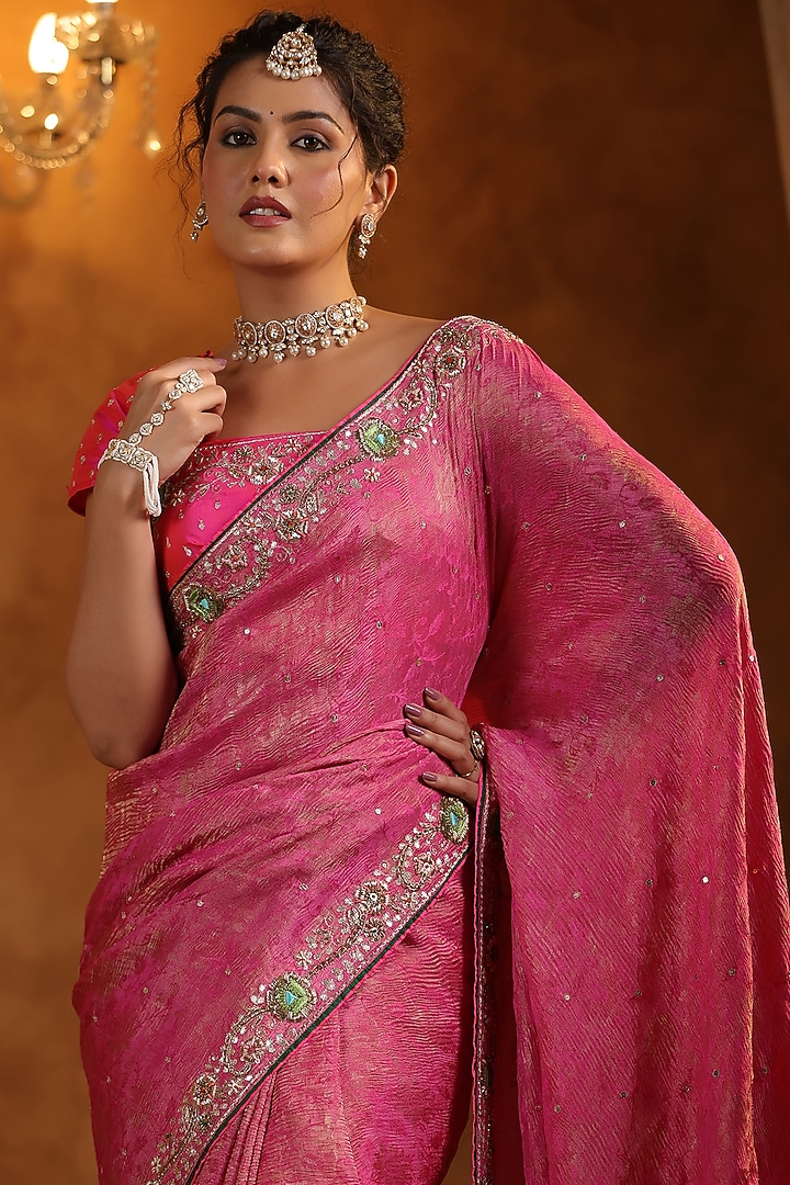 Petal Pink Jacquard Crush Tissue Silk Zardosi Work Reception Saree Set by Ritu Surana at Pernia's Pop Up Shop