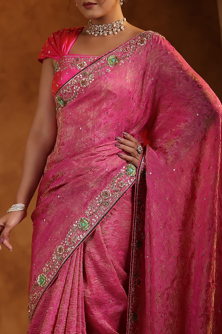 Petal Pink Jacquard Crush Tissue Silk Zardosi Work Reception Saree Set by Ritu Surana at Pernia's Pop Up Shop