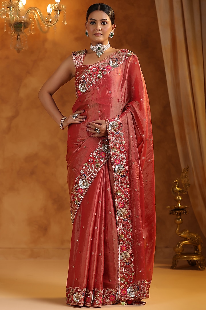 Red Katan Silk Tissue Gota & Resham Handwork Saree Set by Ritu Surana at Pernia's Pop Up Shop