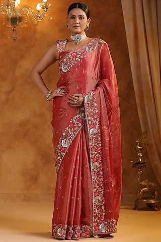 Red Katan Silk Tissue Gota & Resham Handwork Saree Set by Ritu Surana