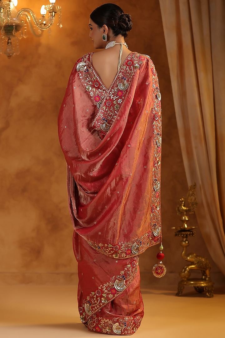 Red Katan Silk Tissue Gota & Resham Handwork Reception Saree Set by Ritu Surana at Pernia's Pop Up Shop