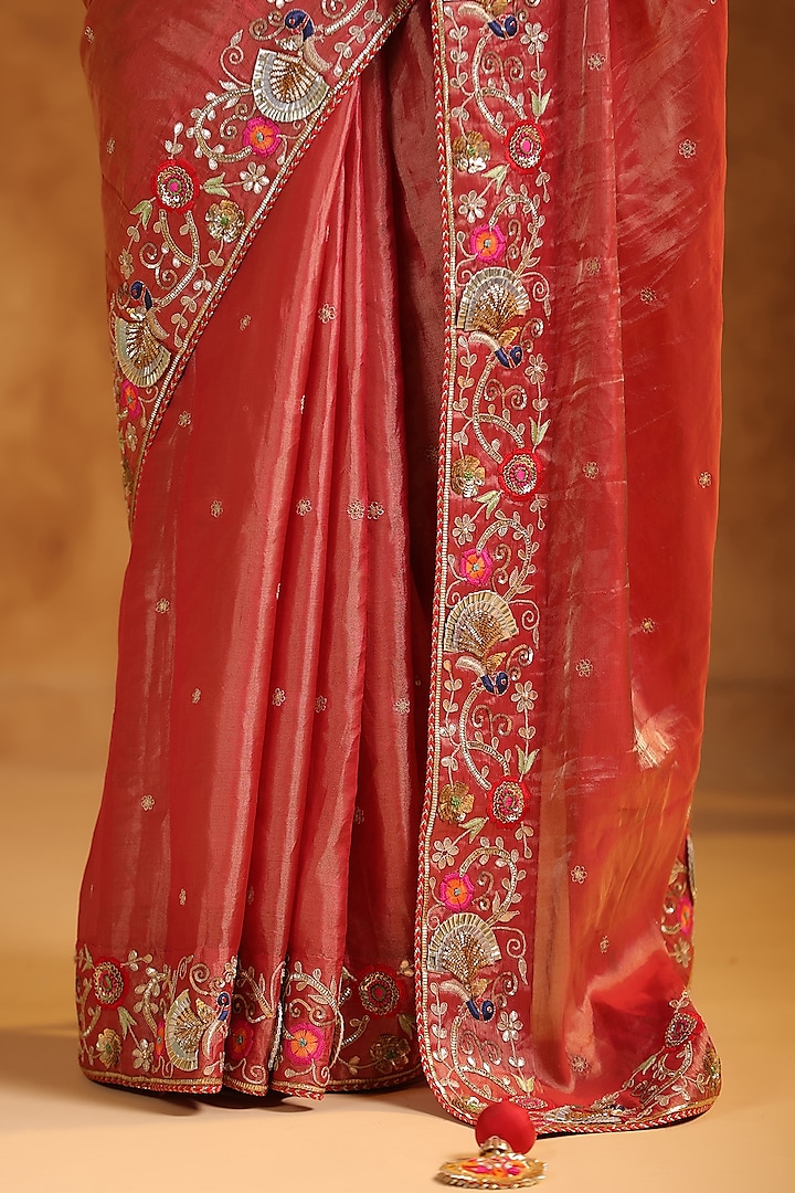 Red Katan Silk Tissue Gota & Resham Handwork Reception Saree Set by Ritu Surana at Pernia's Pop Up Shop