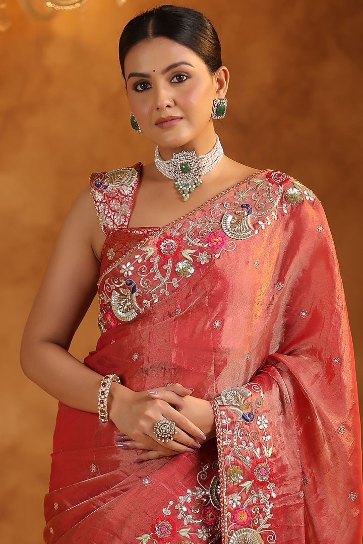 Red Katan Silk Tissue Gota & Resham Handwork Reception Saree Set by Ritu Surana at Pernia's Pop Up Shop