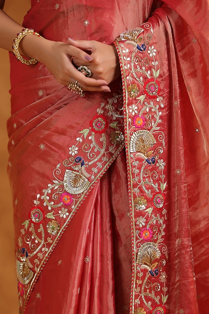 Red Katan Silk Tissue Gota & Resham Handwork Reception Saree Set by Ritu Surana at Pernia's Pop Up Shop