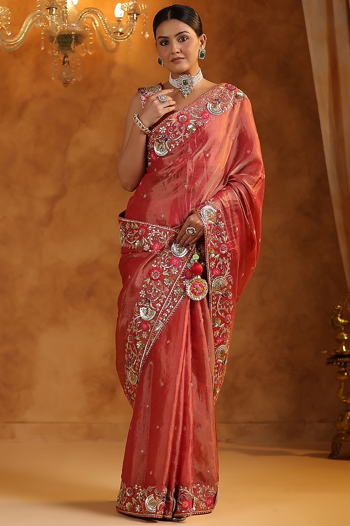 Red Katan Silk Tissue Gota & Resham Handwork Reception Saree Set by Ritu Surana at Pernia's Pop Up Shop