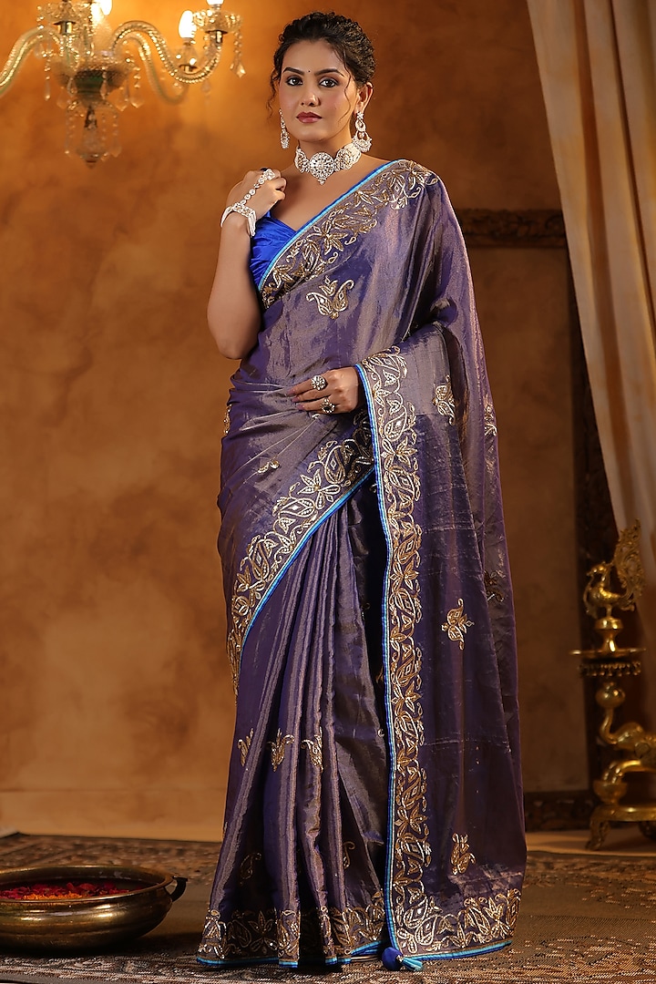 Purple Katan Silk Tissue Gota Work Saree Set by Ritu Surana at Pernia's Pop Up Shop