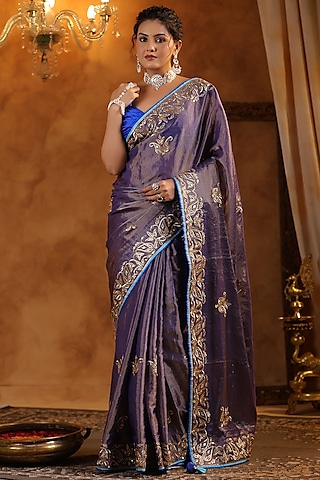 Purple Katan Silk Tissue Gota Work Saree Set by Ritu Surana