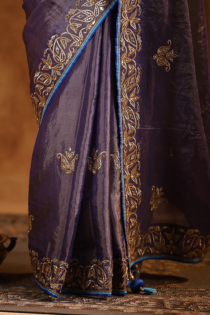 Purple Katan Silk Tissue Gota Work Reception Saree Set by Ritu Surana at Pernia's Pop Up Shop